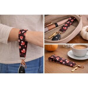 Handmade Mushroom Print Wristlet Keychain Rose Gold Clasp Cottagecore Brown